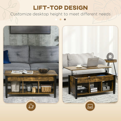 HOMCOM Lift Top Coffee Table with Hidden Storage Compartment and 3 Lower Shelves, Pop-Up Center Table for Living Room, Rustic Brown