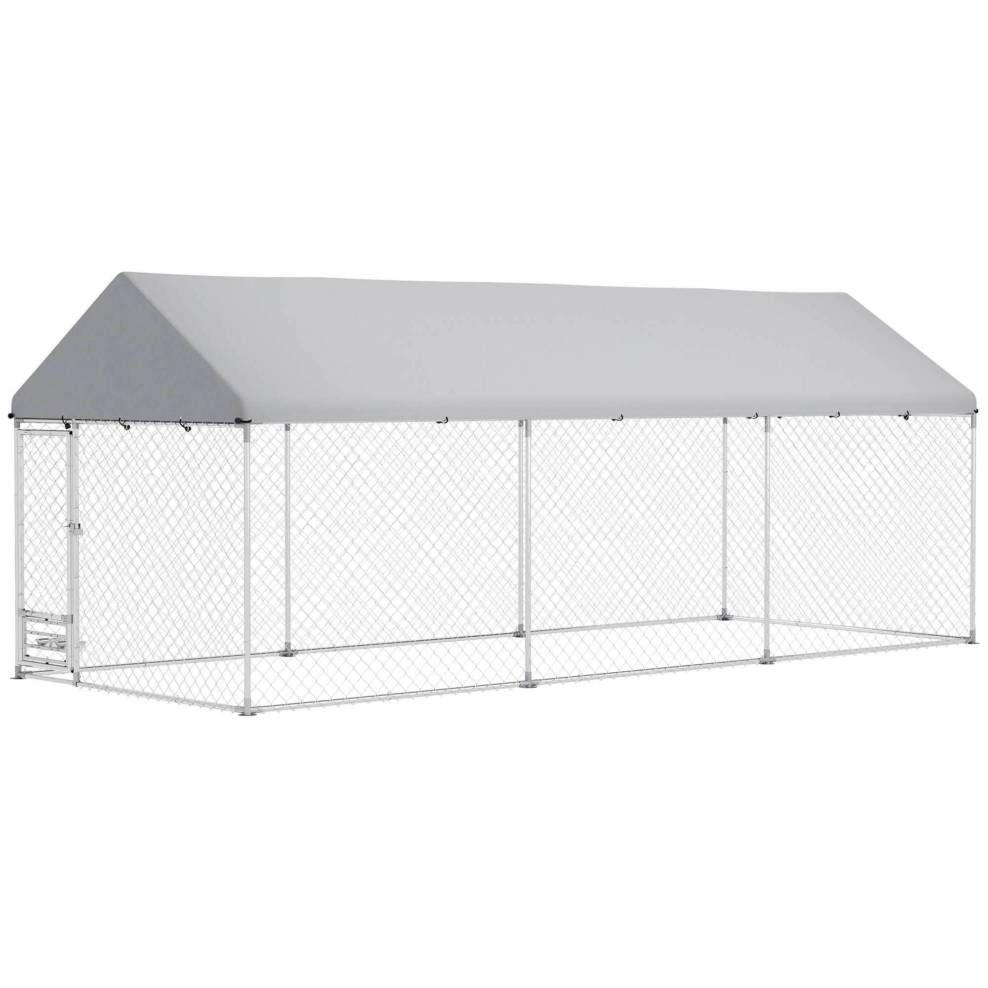 PawHut Outdoor Dog Run with Adjustable & Rotatable Bowls, Waterproof UV-Resistant Cover, Escape-Proof Lock, 19.7' x 7.5' x 7.5'