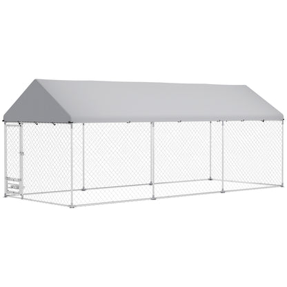 PawHut Outdoor Dog Run with Adjustable & Rotatable Bowls, Waterproof UV-Resistant Cover, Escape-Proof Lock, 19.7' x 7.5' x 7.5'