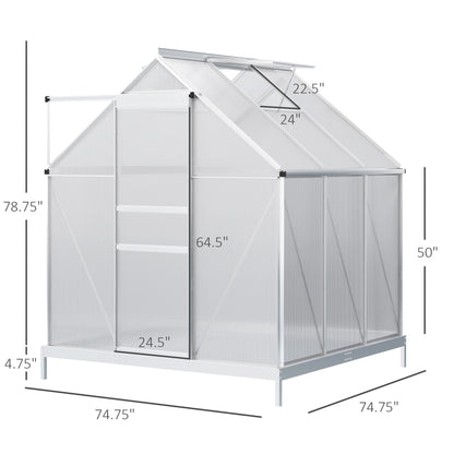 Outsunny 6' x 6' x 6.5' Polycarbonate Greenhouse, Walk-in Green House with Adjustable Roof Vent, Galvanized Base, Sliding Door and Rain Gutter for Outdoor, Garden, Backyard, Clear