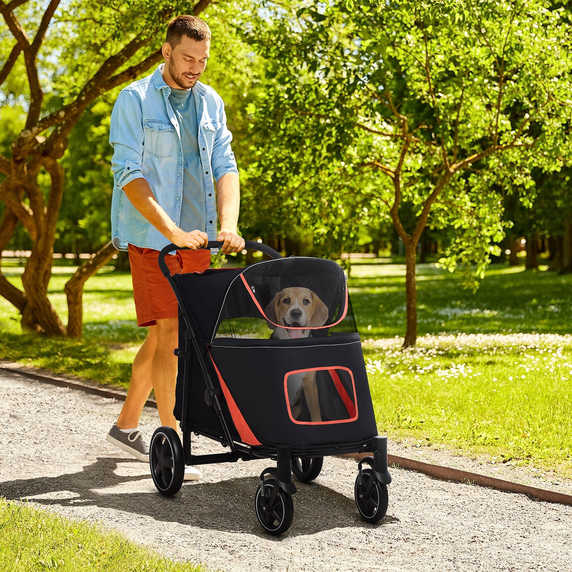 PawHut Foldable Pet Stroller with Universal Front Wheels, Shock Absorber, Dog Cat Carriage for Large & Medium Dogs, Black