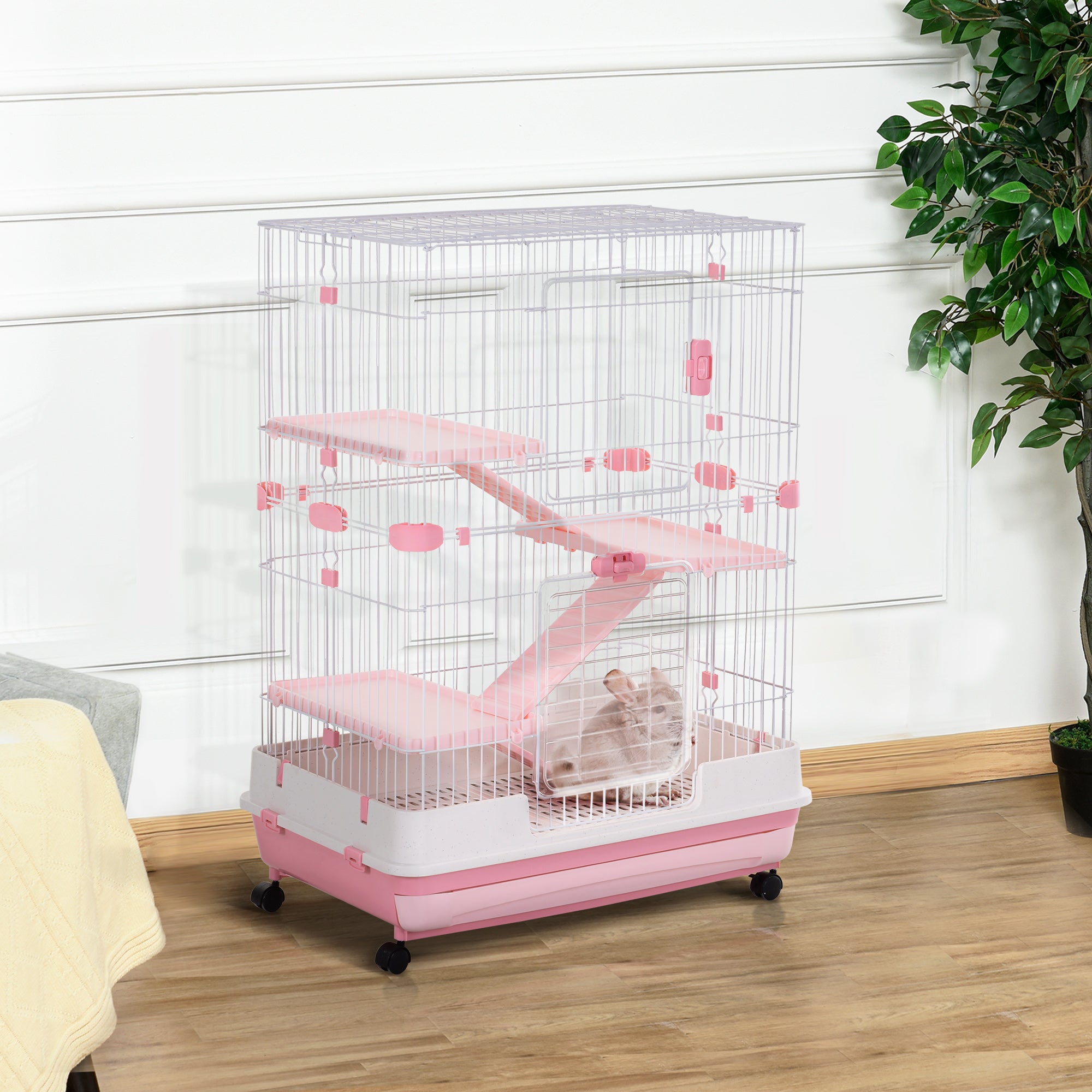 PawHut 32"L 4-Level Small Animal Cage with Universal Lockable Wheels, Slide-out Tray for Bunny, Chinchillas, Ferret, Pink
