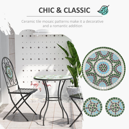 Outsunny 3 Piece Patio Bistro Set with Mosaic Design, Outdoor Dining Furniture Set for 2 with Folding Chairs, Green