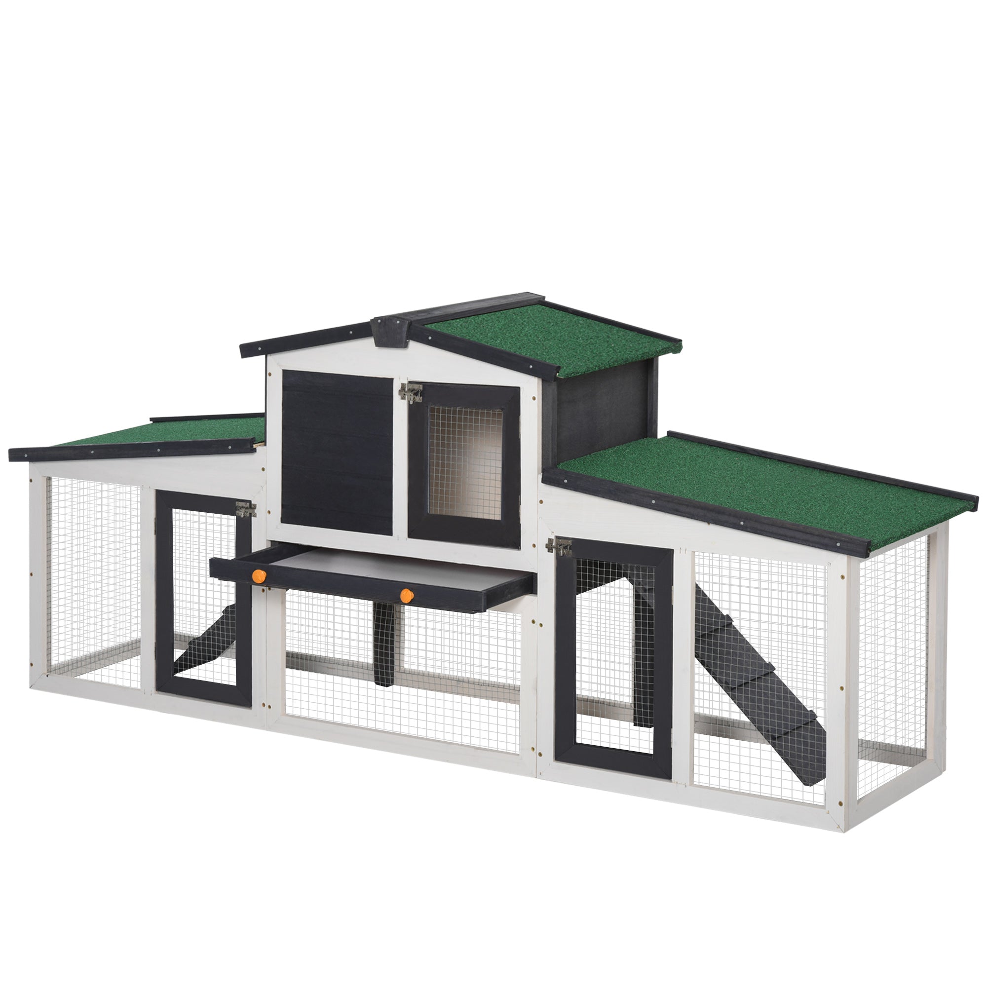 PawHut Large Rabbit Hutch with Double Runs, Wooden Bunny Cage Outdoor with Removable Tray, Ramps, Roof, 80" x 18" x 31.5", Gray