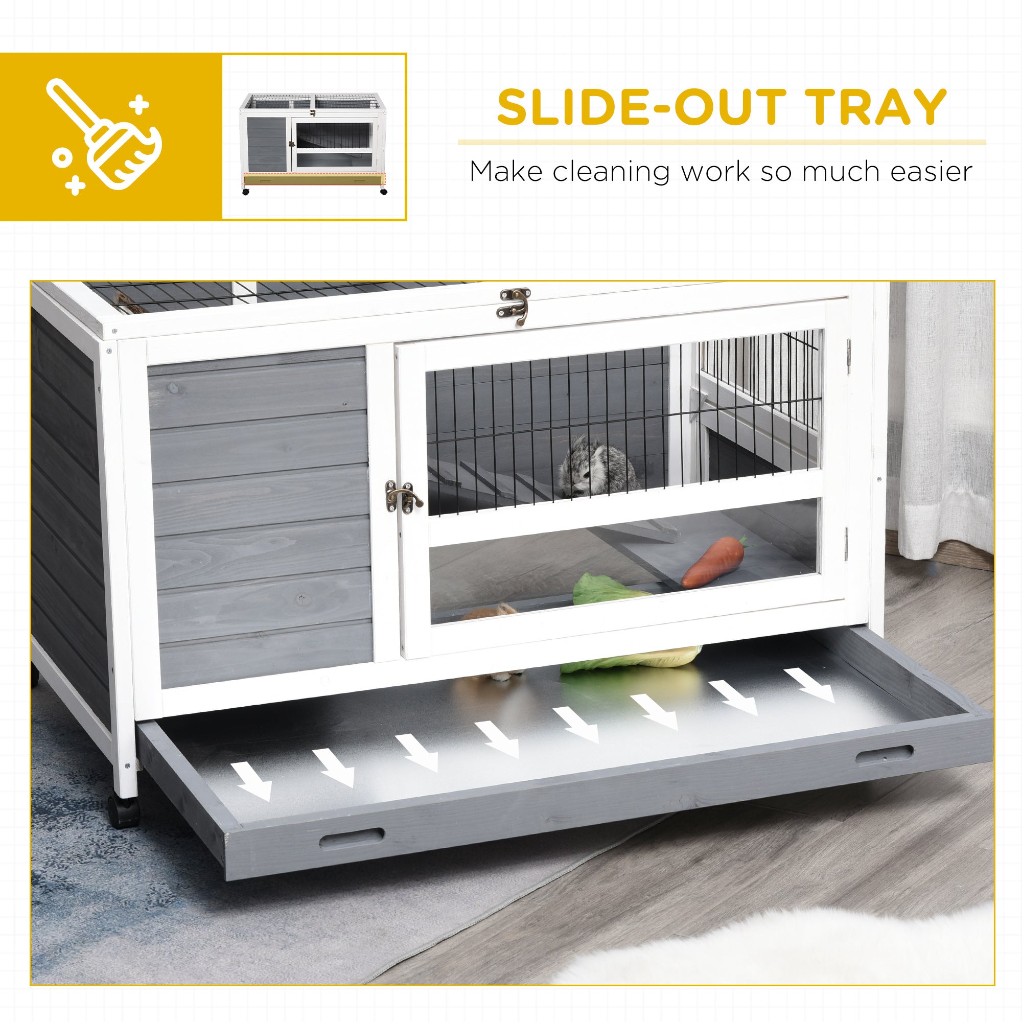 PawHut Wooden Rabbit Hutch Pet House Elevated Bunny Cage Small Animal Habitat with Slide-out Tray Lockable Door Openable Top for Indoor 40.25" x 23.5" x 25" Grey