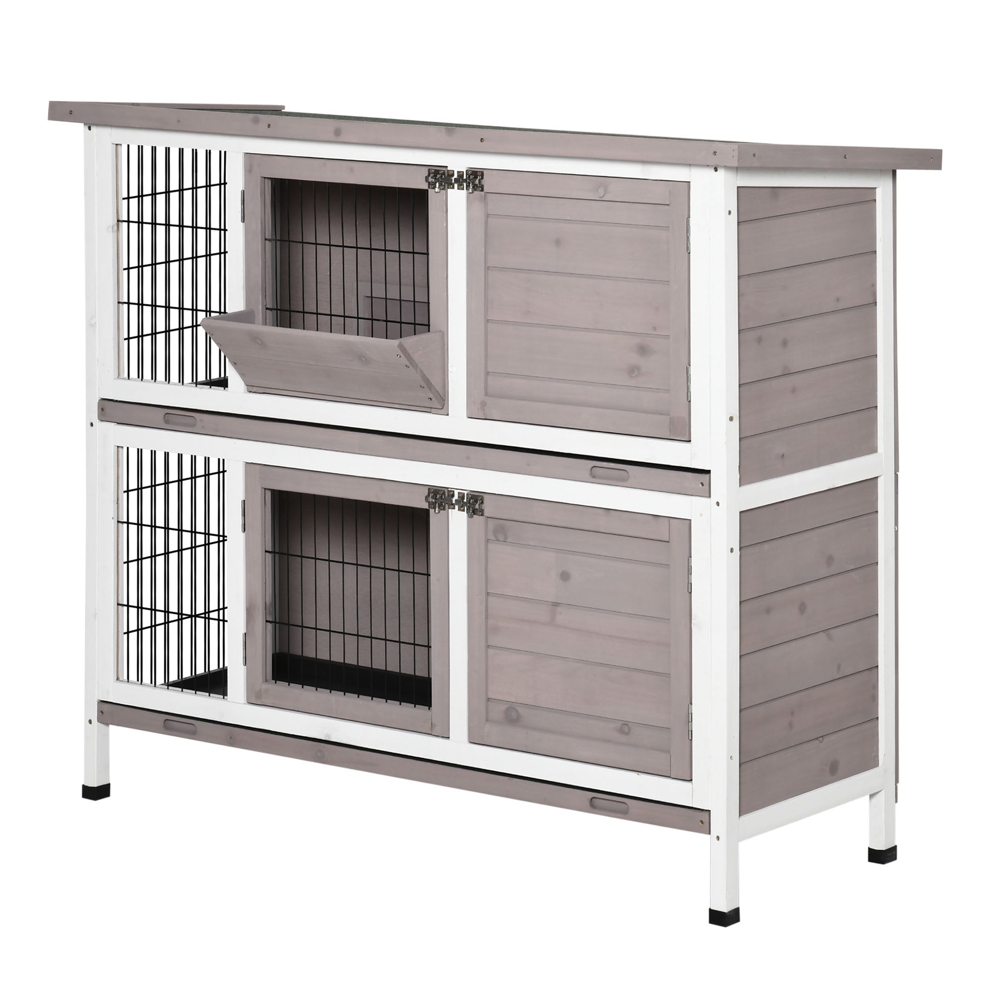 PawHut 2 Tier Rabbit Hutch with Feeding, Removable Tray, Ramp, Doors, Grey