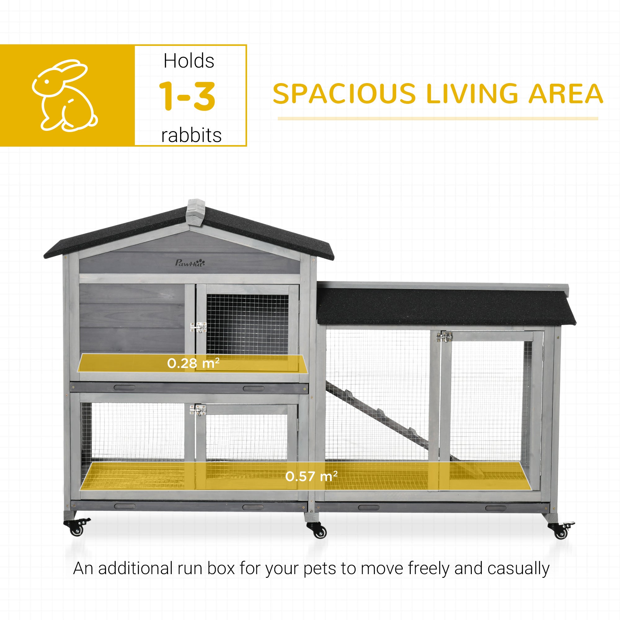 PawHut 62" Wooden Rabbit Hutch with Wheels, Run Box, Tray, Ramp for Small Animals, Guinea Pig, Indoor Outdoor Use, Light Grey