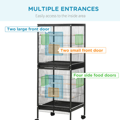 PawHut 55.1" 2 In 1 Bird Cage Aviary Parakeet House for finches, budgies with Wheels, Slide-out Trays, Wood Perch, Food Containers, Black