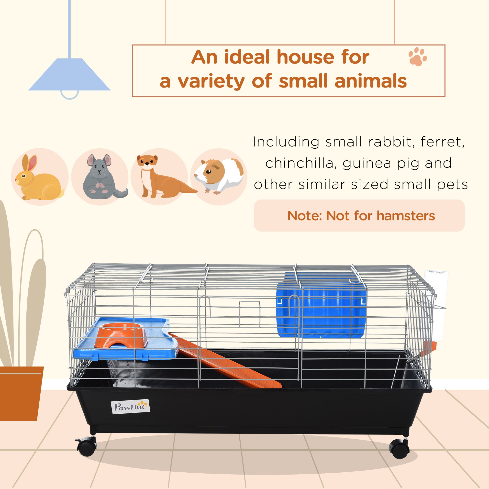 PawHut Small Animal Cage, Rolling Bunny Cage, Guinea Pig Cage with Food Dish, Water Bottle, Hay Feeder, Platform, Ramp, Black