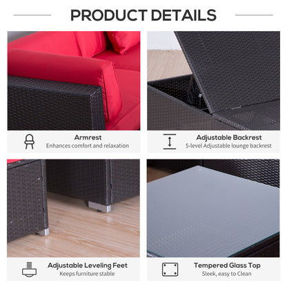 Outsunny 9 Pieces Wicker Patio Furniture Set with Cushion, PE Rattan Outdoor Conversation Set Sectional Sofa Set with 2 Loungers and Glass Tabletop, Aluminum Frame, Coffee & Red