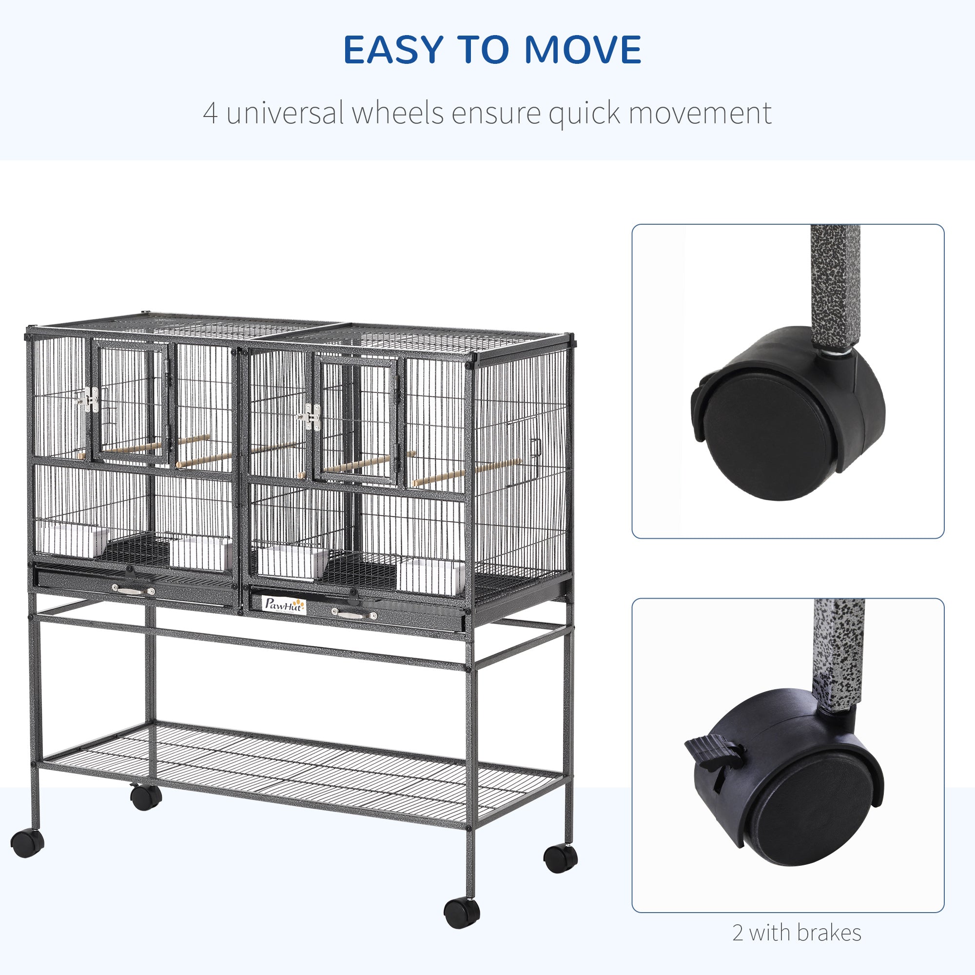 PawHut Large Double Rolling Metal Bird Cage Bird House w/ Removable Tray Storage Shelf