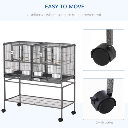 PawHut Large Double Rolling Metal Bird Cage Bird House w/ Removable Tray Storage Shelf