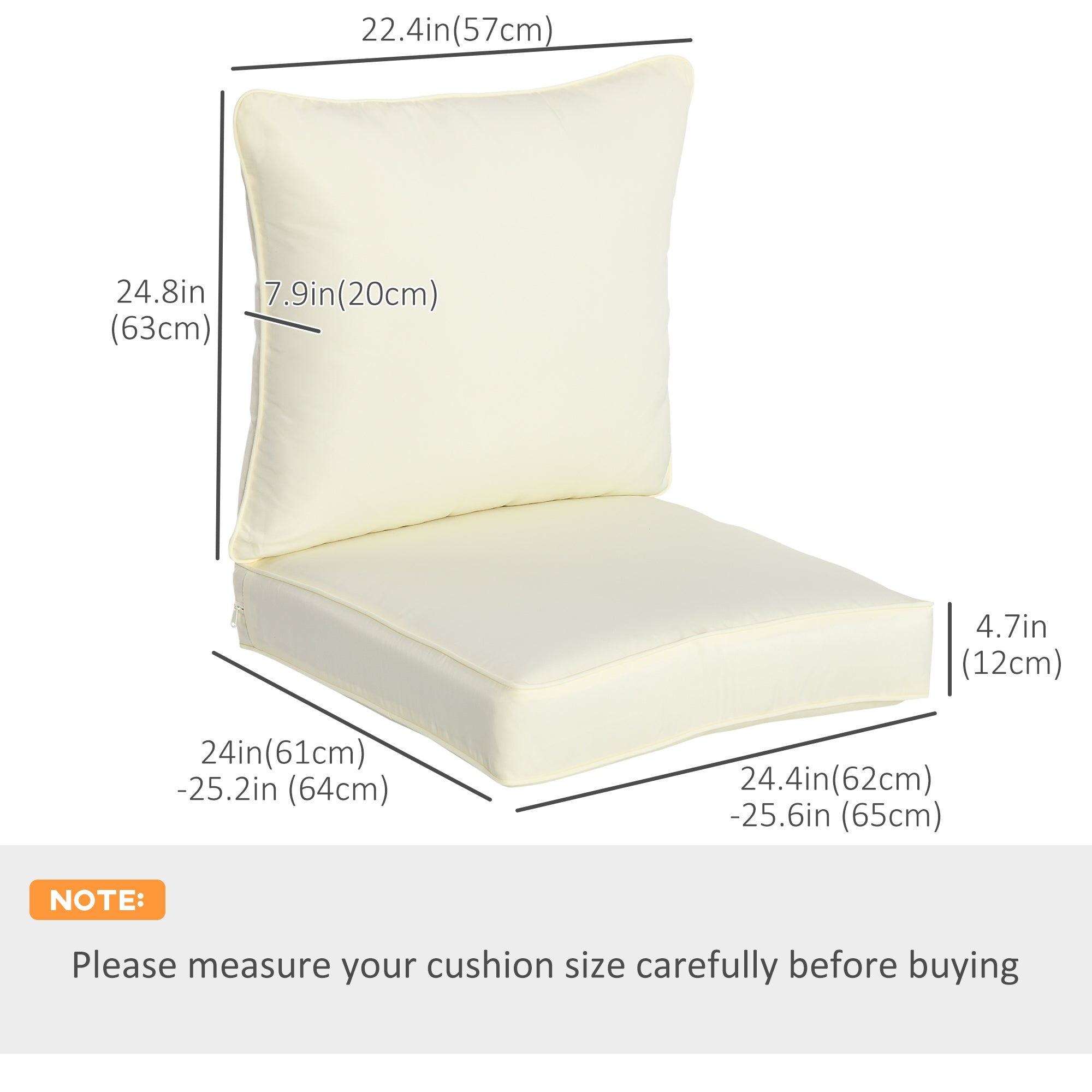 Outsunny Patio Chair Cushions, Thick Deep Seat Outdoor Seat Cushion with Back Cushion, Cream White