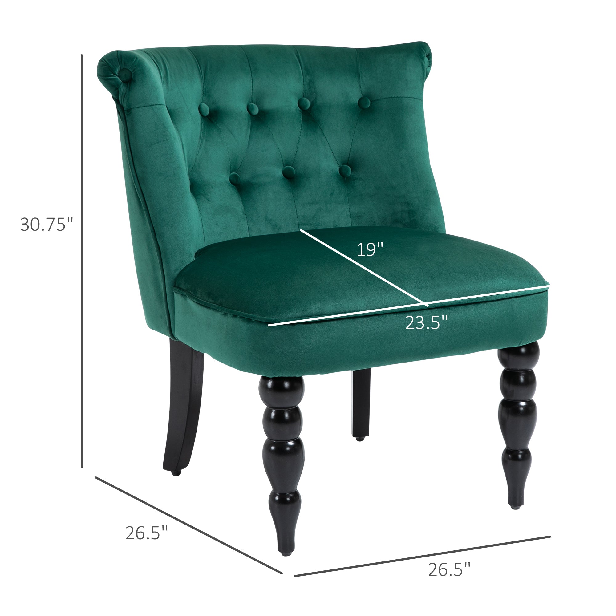 HOMCOM Vintage Leisure Accent Chair, Armless Chair with Button Tufted Straight Back, Turned Legs, Thick Sponge Padding for Living Room, Dining Room, Study, Dark Green