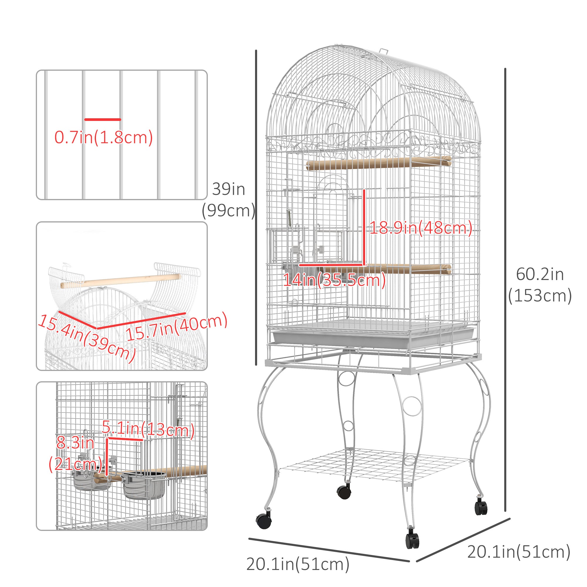 PawHut Play Open Top Bird Cage 60" Parrot Cage for Cockatiel, Sun Conure with Rolling Stand, Removable Tray, Perches, Storage Shelf White, 20.1" x 20.1"