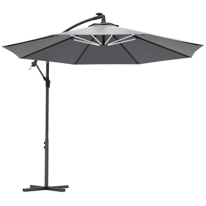 Outsunny 10ft Outdoor Cantilever Hanging Offset Umbrella with Solar LED Lights, Crank, Cross Base, Aluminum Frame, Grey