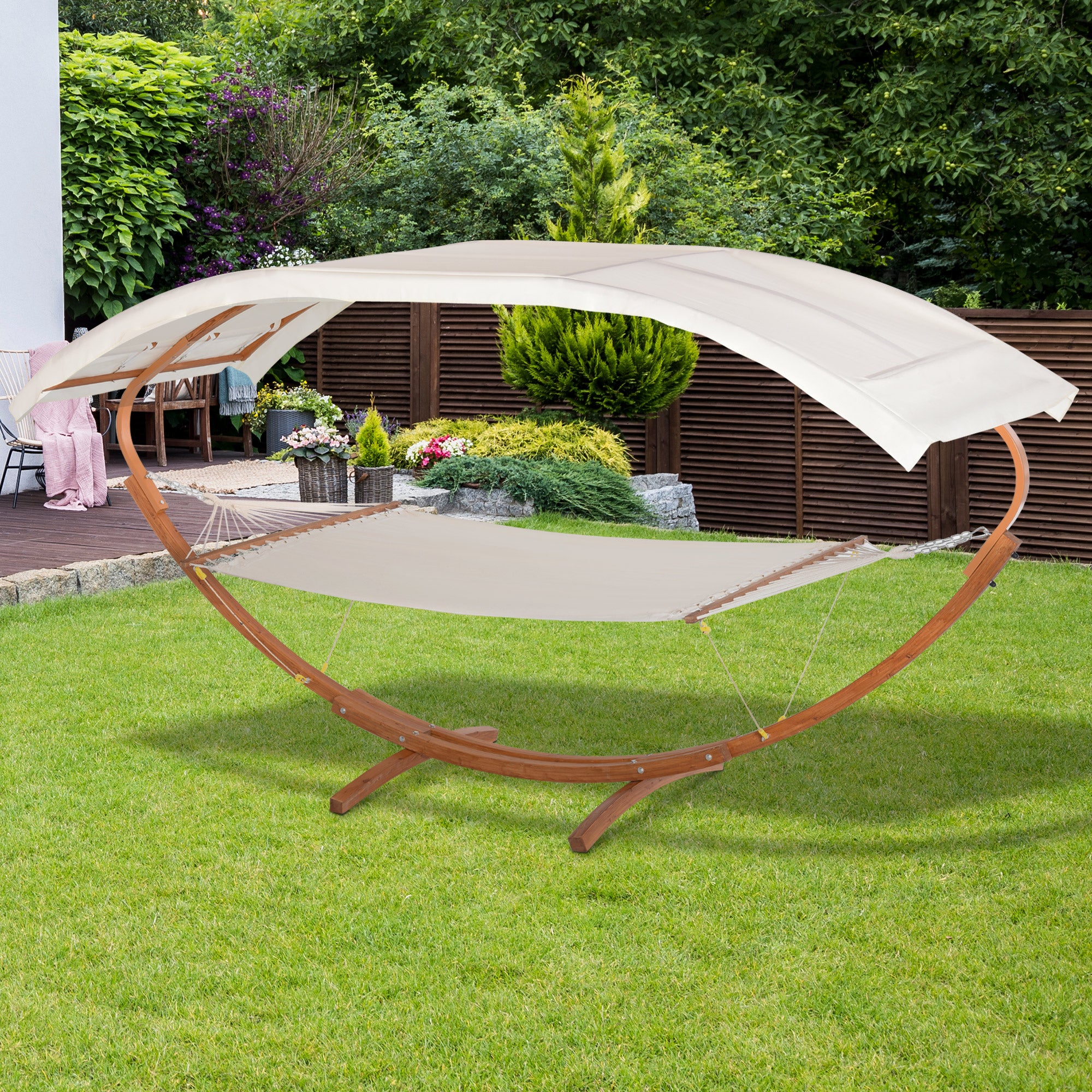Outsunny 2 Person Wood Swing Arc Hammock Bed and Stand Set with Canopy, White/Teak