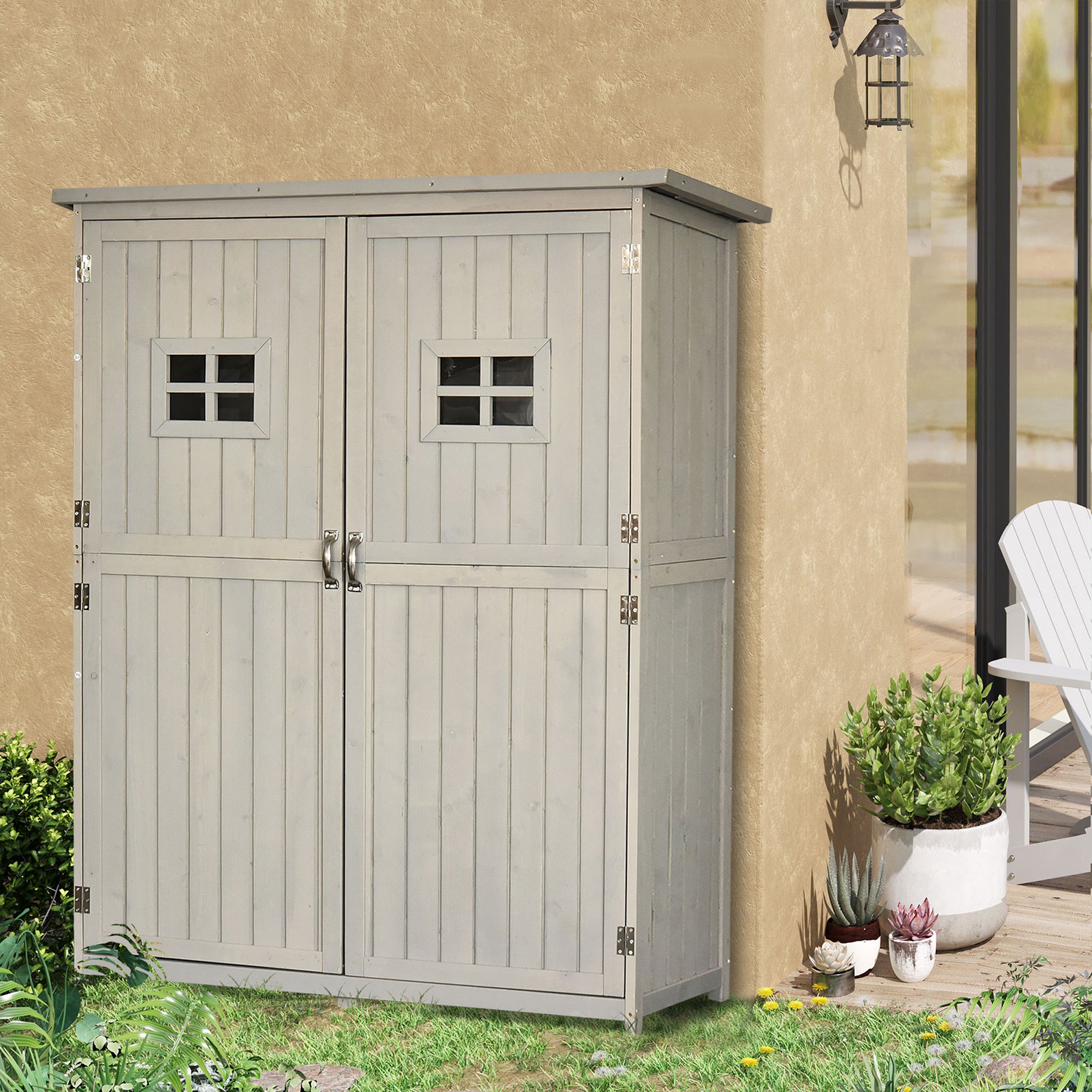 Outsunny 4x1.5ft Wooden Garden Storage Shed, Outdoor Tool Cabinet Organizer with Windows and Double Door, Grey