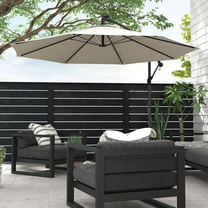 Outsunny 10ft Outdoor Cantilever Hanging Offset Umbrella with Solar LED Lights, Crank, Cross Base, Aluminum Frame, Beige