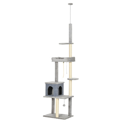 PawHut Cat Tree Floor to Ceiling Cat Tower Height Adjustable( 85-101 Inches), Tall Large Cat Climbing Activity Center with Scratching Posts Cat Condo Cozy Bed, Grey