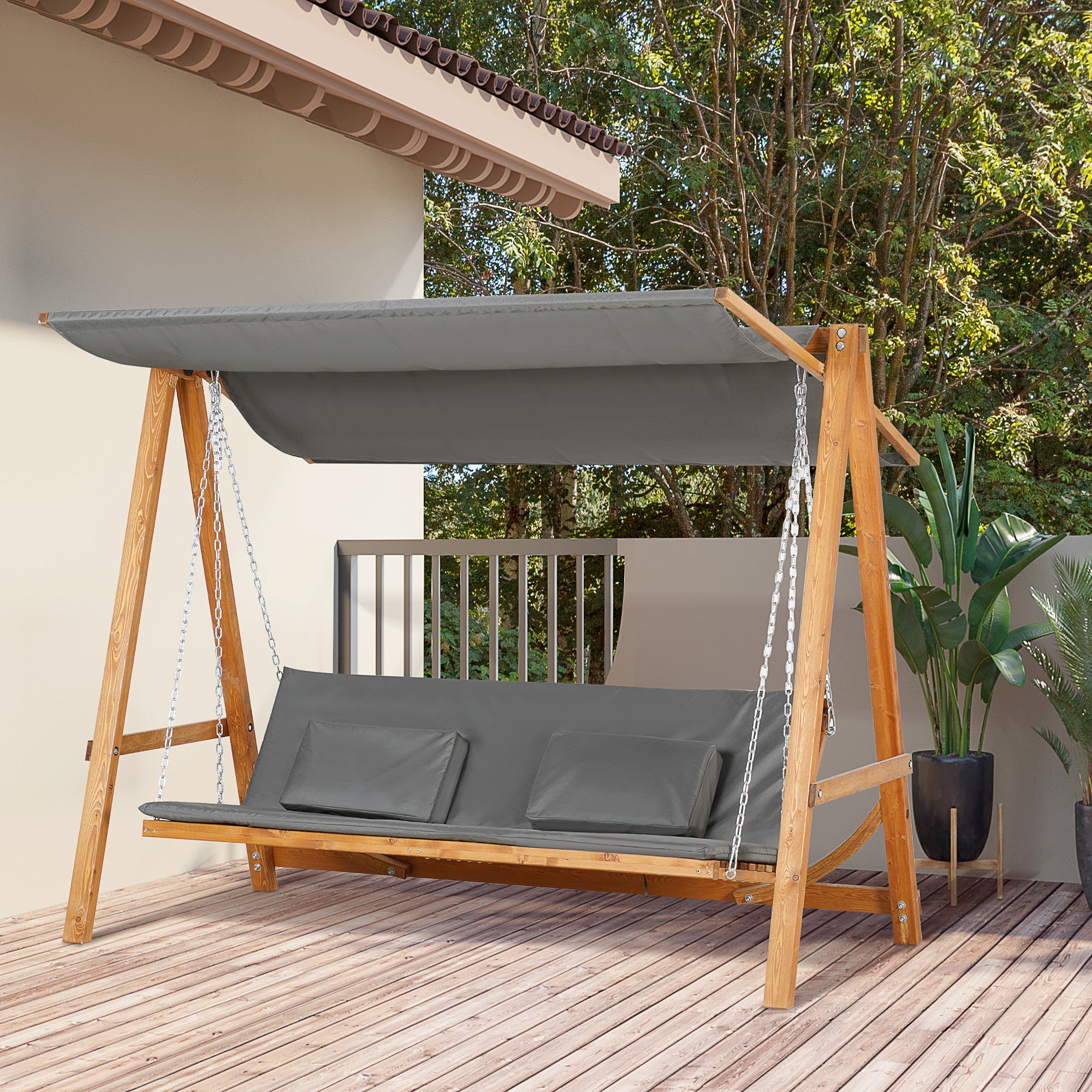 Outsunny 3 Seater Patio Swing Chair Convertible Cushioned Porch Swing Bed with Canopy, Wood Frame for Outdoor, Backyard, Garden