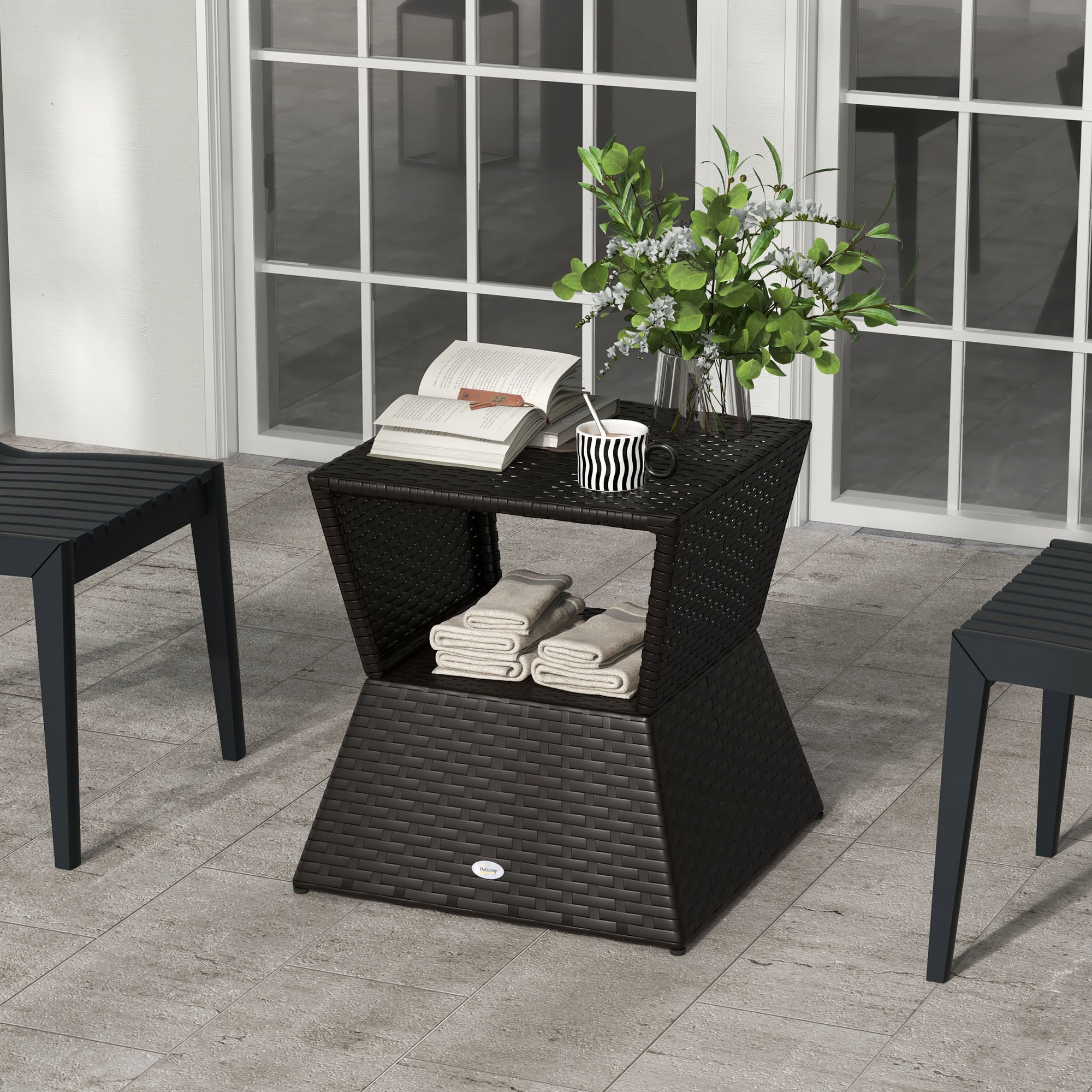 Outsunny Outdoor Patio Rattan Wicker Coffee Table Garden End Tea Table Bistro Side Table w/ Umbrella Hole, Dark Coffee