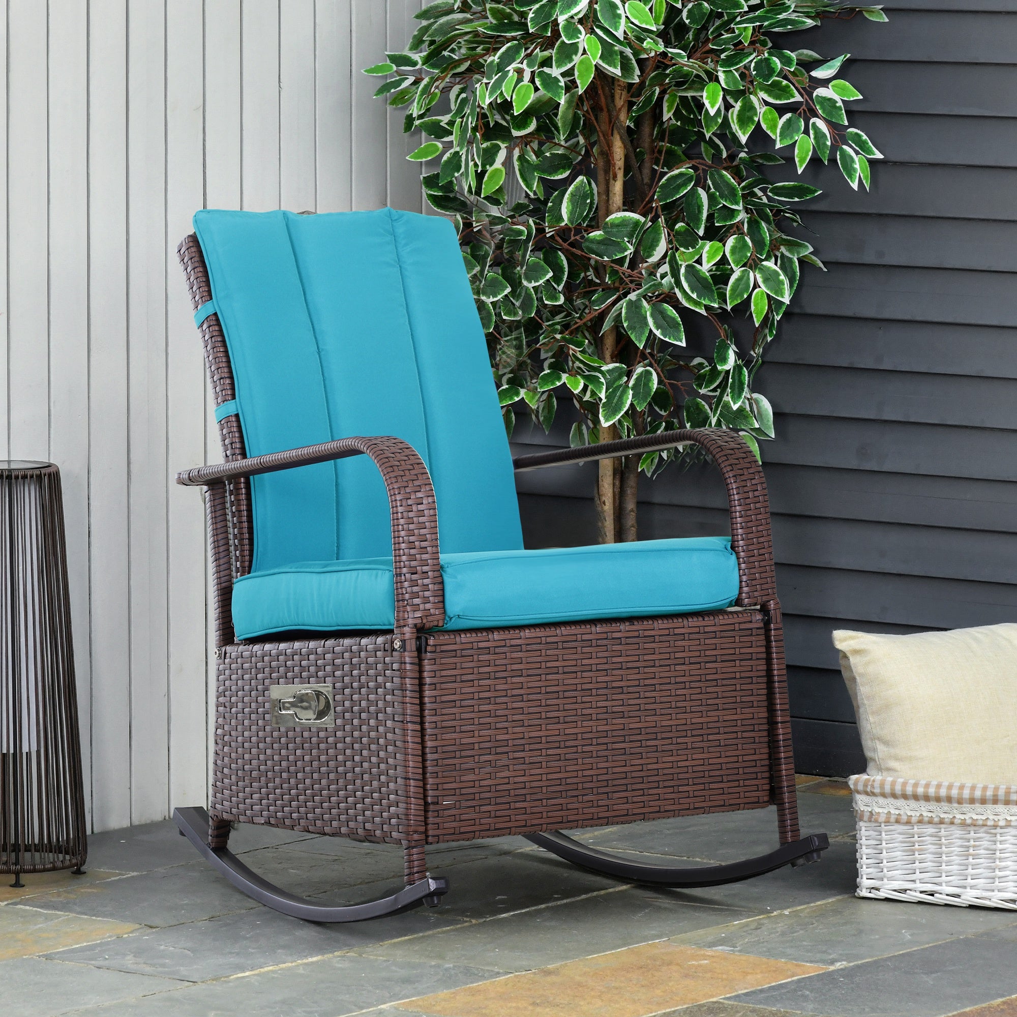 Outsunny Outdoor Wicker Rocking Chair Patio PE Rattan Recliner Chair with Cushion, Adjustable Footrest, Armrests, Turquoise