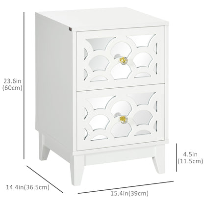 HOMCOM Modern Bedside Table, Side End Table with Drawers and Front Mirror, 15.4"x14.4"x23.6", White