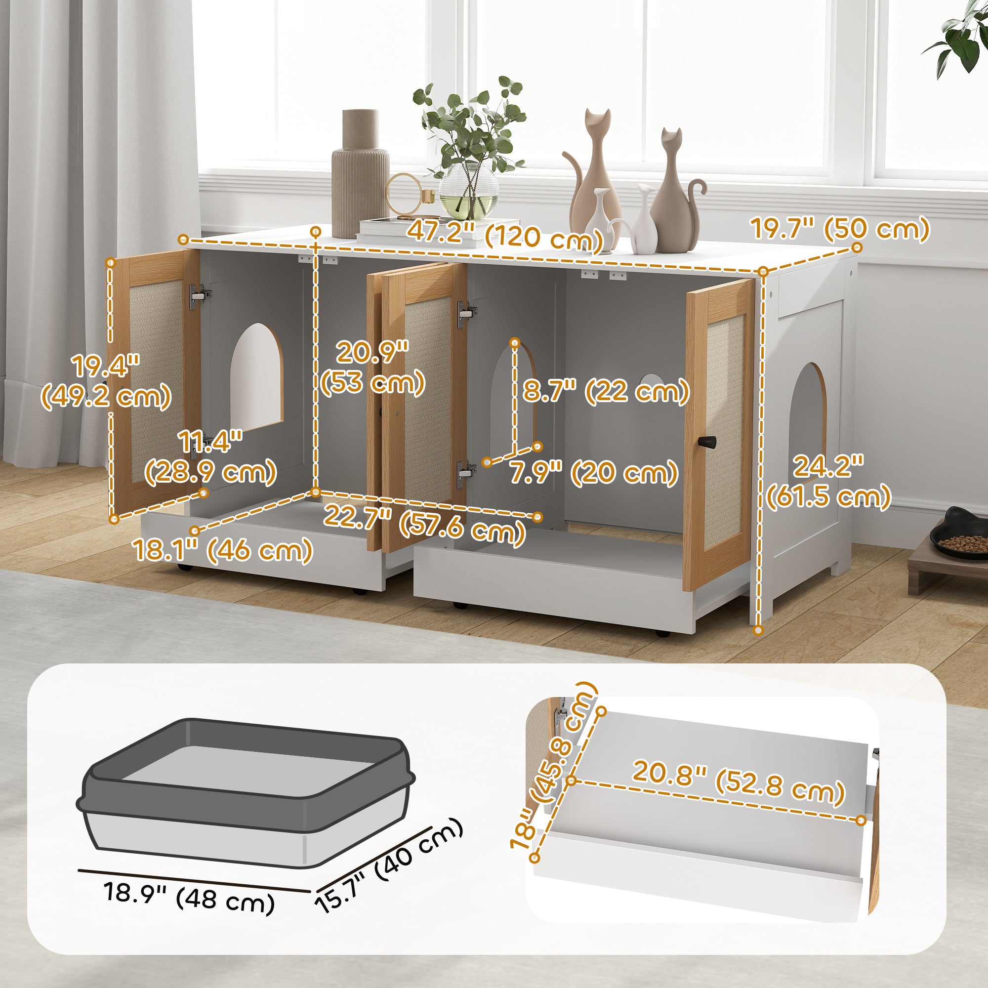 PawHut Cat Litter Box Enclosure w/ 2 Cabinets, Scratching Mats, Pull-Out Trays, Hidden Litter Box for 2 Cats, White