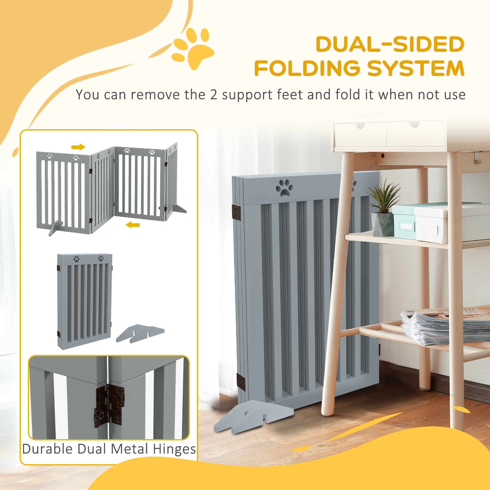 PawHut 80" Extra Wide Freestanding Pet Gate with Support Feet, Light Grey