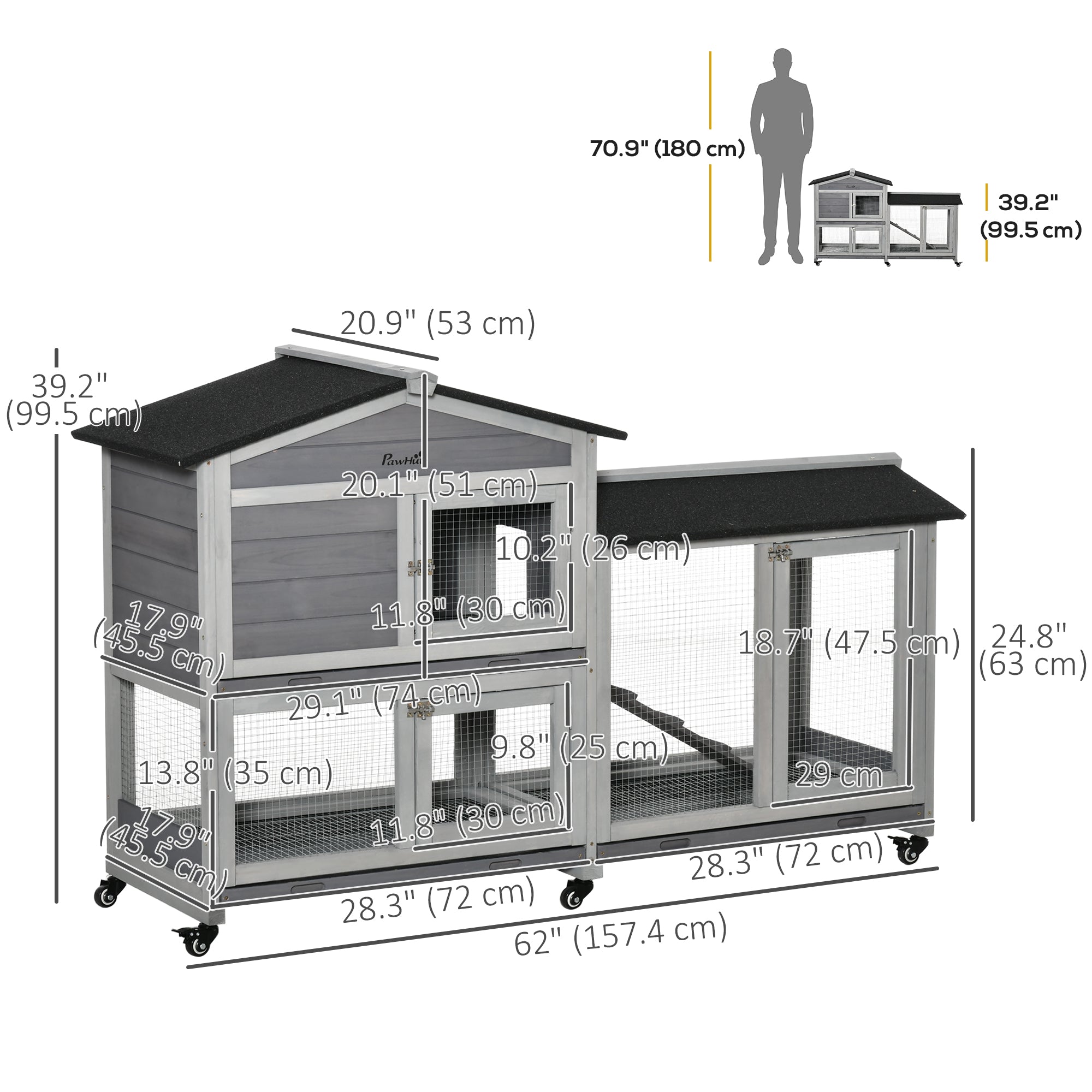 PawHut 62" Wooden Rabbit Hutch with Wheels, Run Box, Tray, Ramp for Small Animals, Guinea Pig, Indoor Outdoor Use, Light Grey