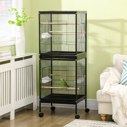 PawHut 55.1" 2 In 1 Bird Cage Aviary Parakeet House for finches, budgies with Wheels, Slide-out Trays, Wood Perch, Food Containers, Black