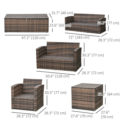 Outsunny 6 Pieces Wicker Patio Furniture Set with Cushions, 7-Seater Rattan Patio Sofa Set with Storage Table, Orange