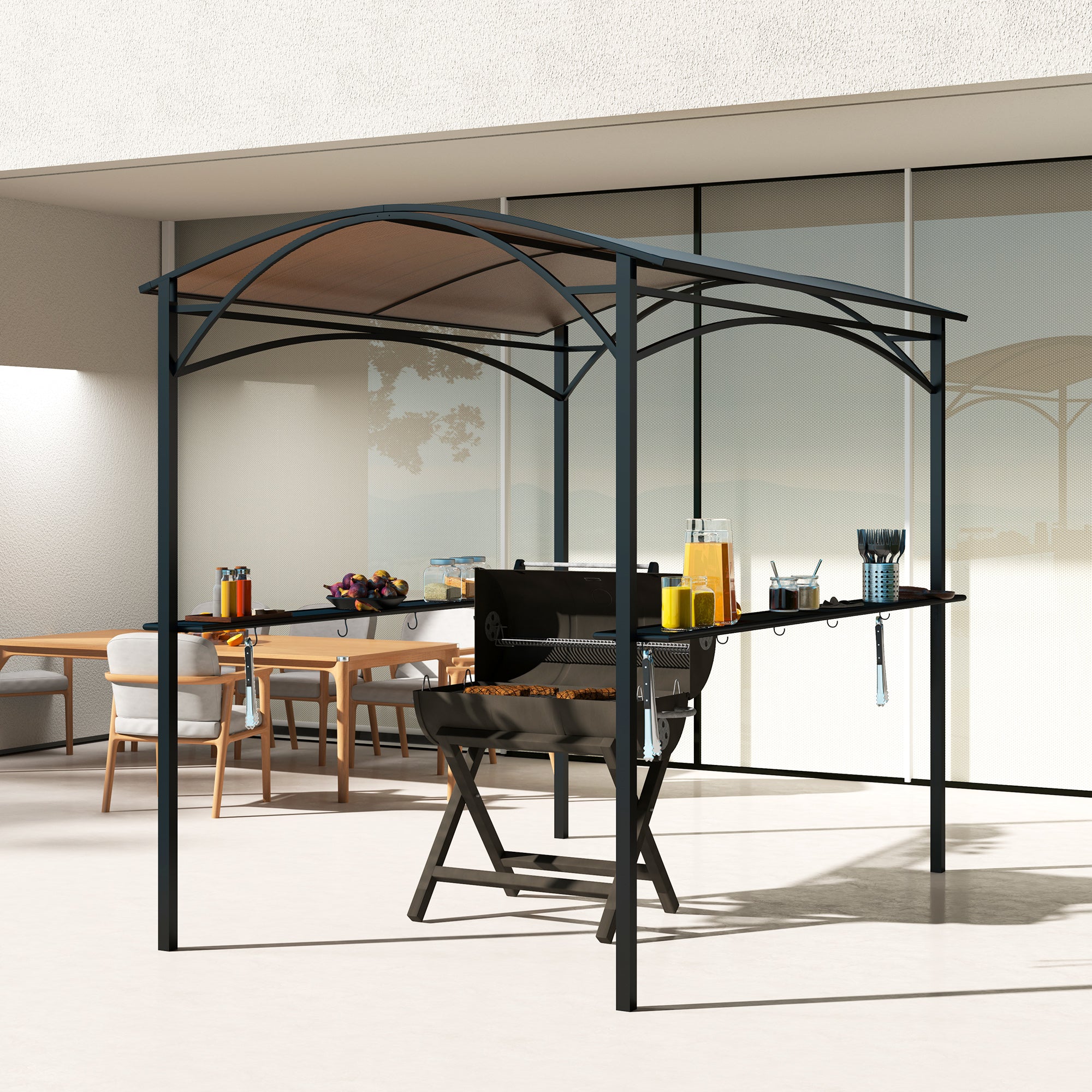 Outsunny 8' x 5' Hardtop Grill Gazebo, Outdoor BBQ Gazebo with PC Board Roof, BBQ Canopy Gazebo with 2 Side Shelves and 10 Hooks