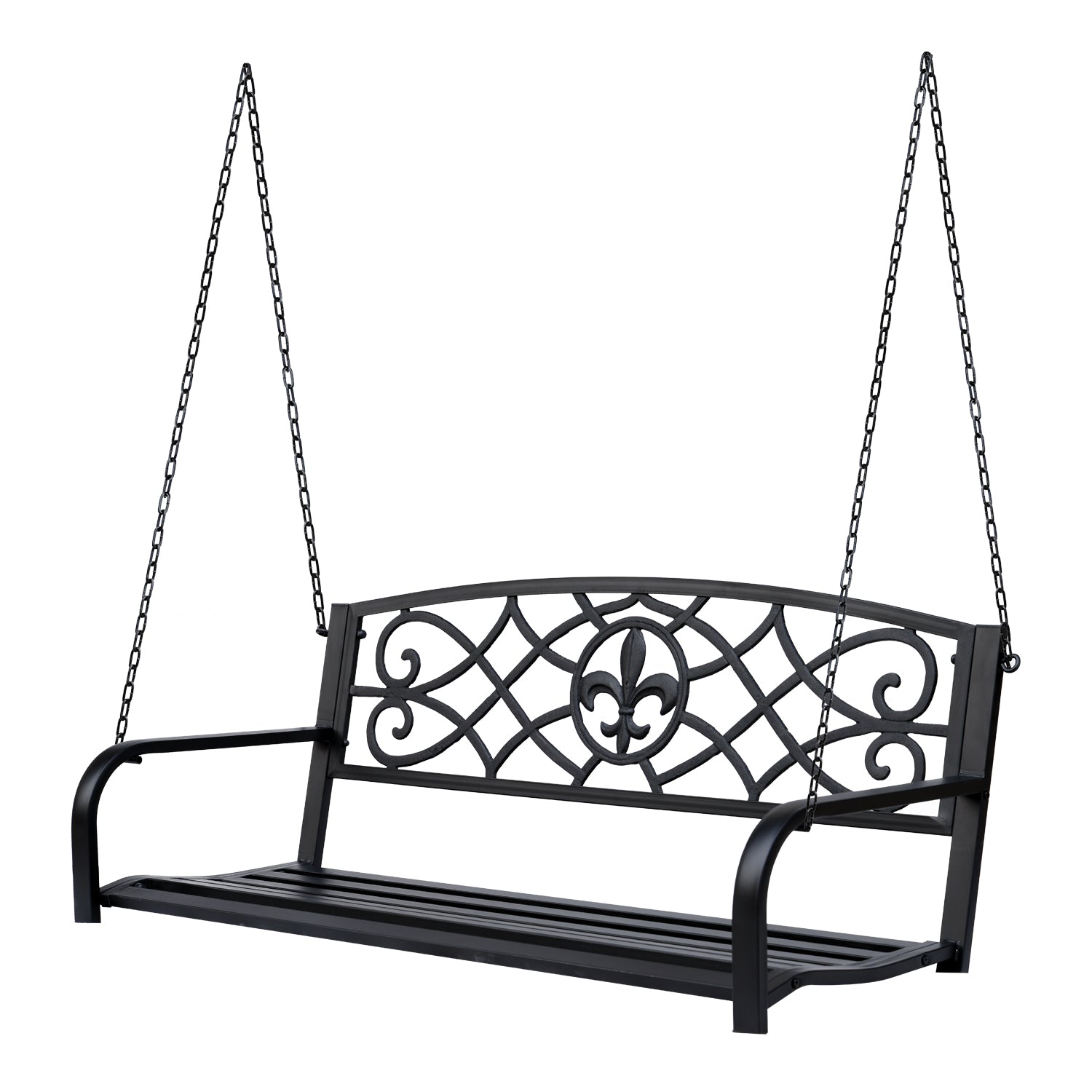 Outsunny 50"L Steel Porch Swing Fleur-De-Lis Patio Swing Chair Hanging Bench Outdoor 2-person Glider Chair Seat w/ Chain Antique Style Black