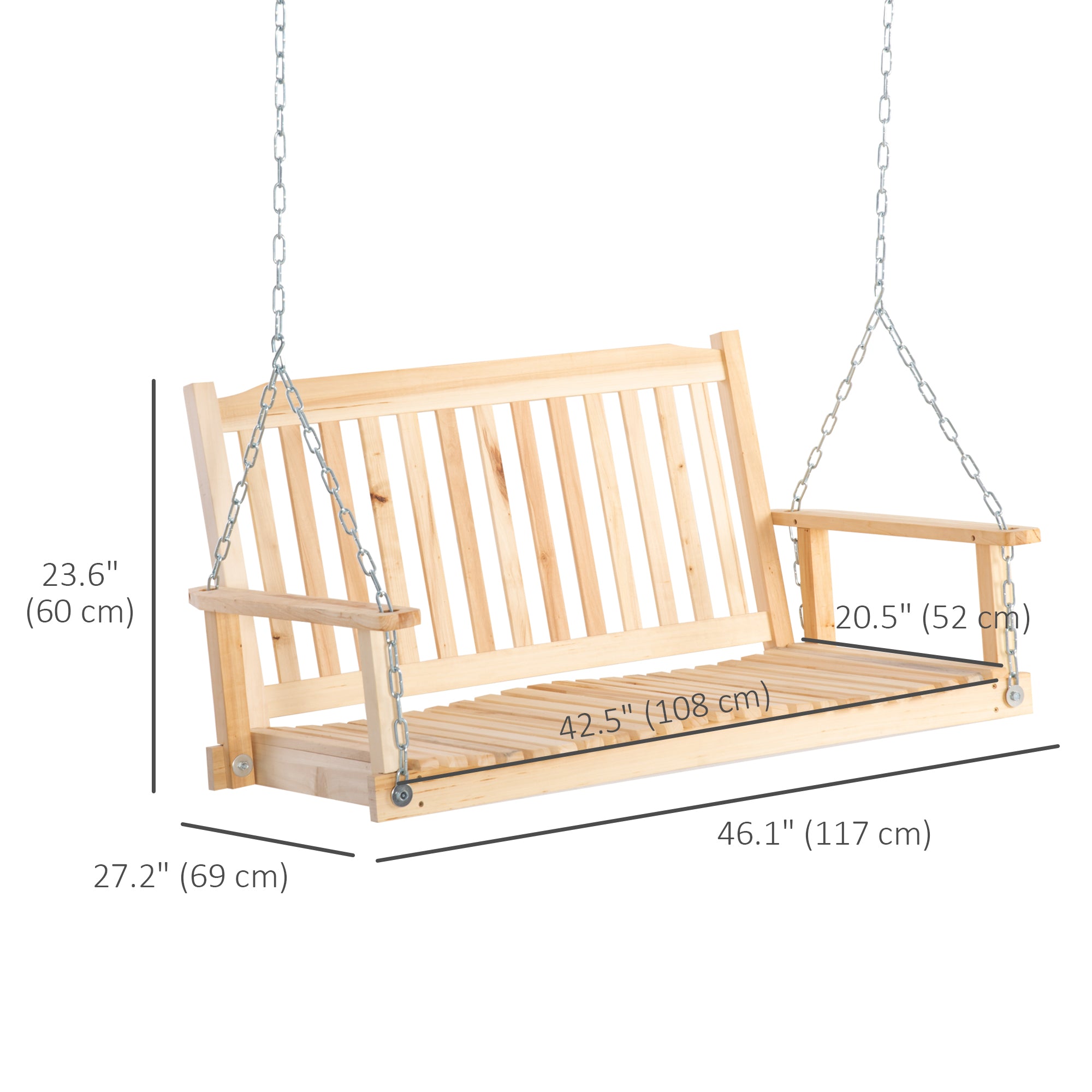 Outsunny 2-People Porch Swing Bench, Patio Swing Chair with 2 Adjustable Hanging Chains for Deck, Garden, Backyard, Natural