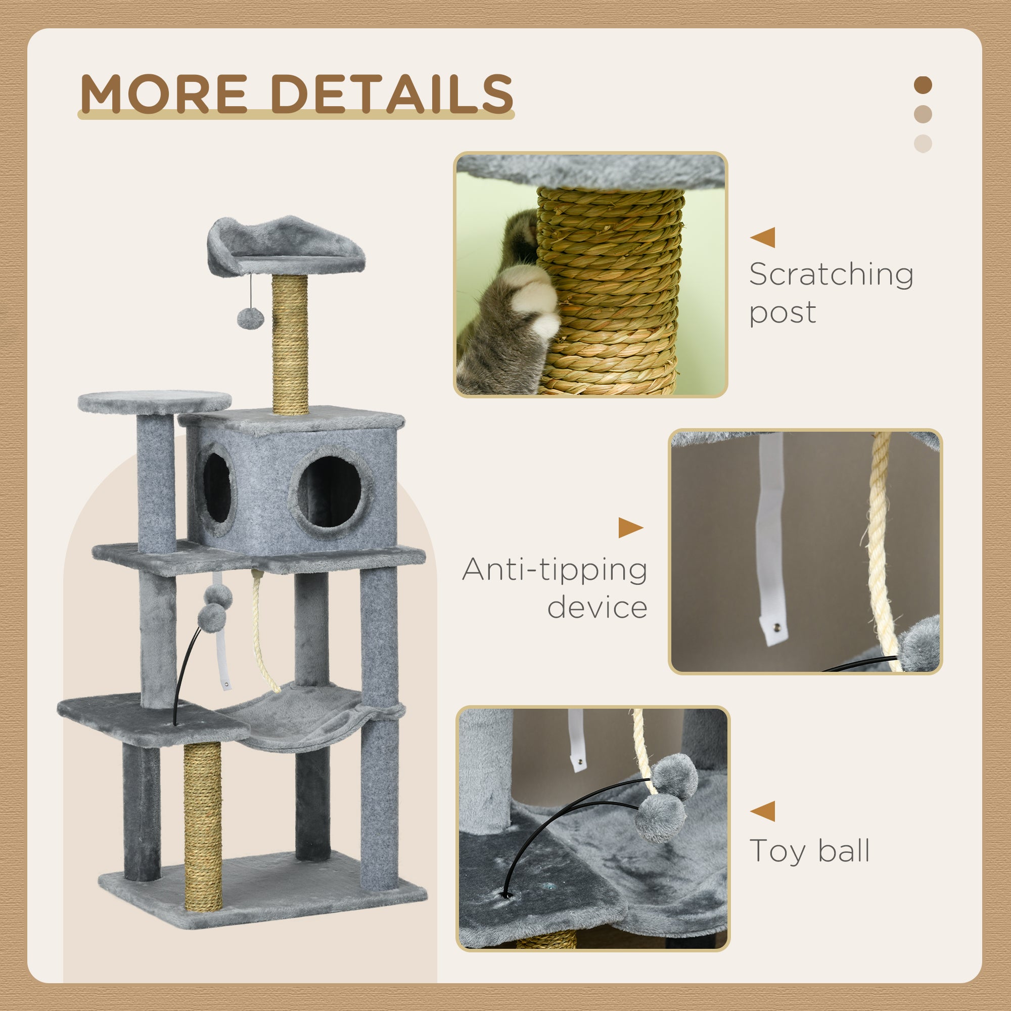 PawHut 54" Cat Tree for Larger Cats Adult with Hammock, Tal Cat Tree Tower with Scratching Post, Condo, Platforms, Play Balls for Indoor Cats, Grey