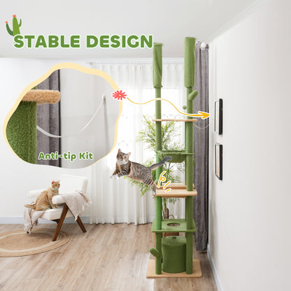 PawHut 89"-100" Floor to Ceiling Cat Tree Cat Tower for Large Cats w/ Scratching Posts, Grooming Brush Post, Cat Condo, Green