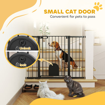 PawHut 30"-52" Extra Wide Pet Gate Barrier with Small Door, 35"H Dog Gate with Safety Gate Barrier, Stair Pressure Fit, Black