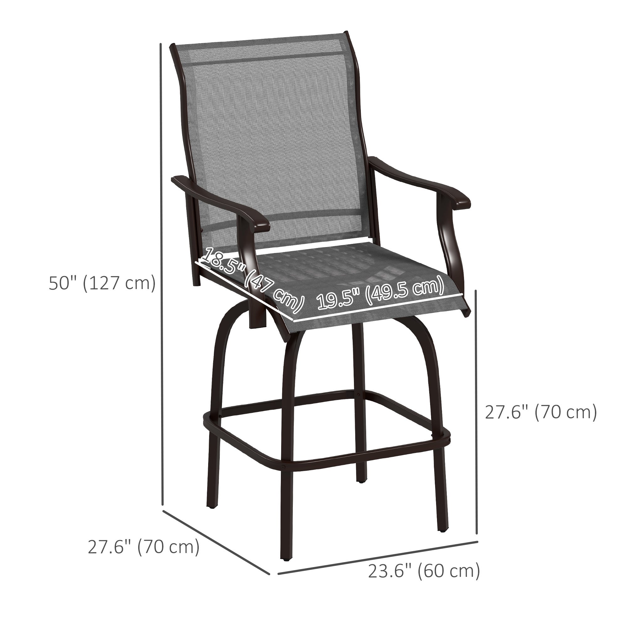 Outsunny Outdoor Bar Stools Set of 2, Swivel Bar Height Chairs with High Back, Curved Armrests and Steel Frame, Light Grey