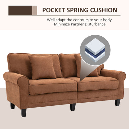 HOMCOM Modern 3 Seater Sofa, Corduroy Fabric 3 Seater Couch with Pine Wood Legs and Rolled Armrests for Living Room, Brown