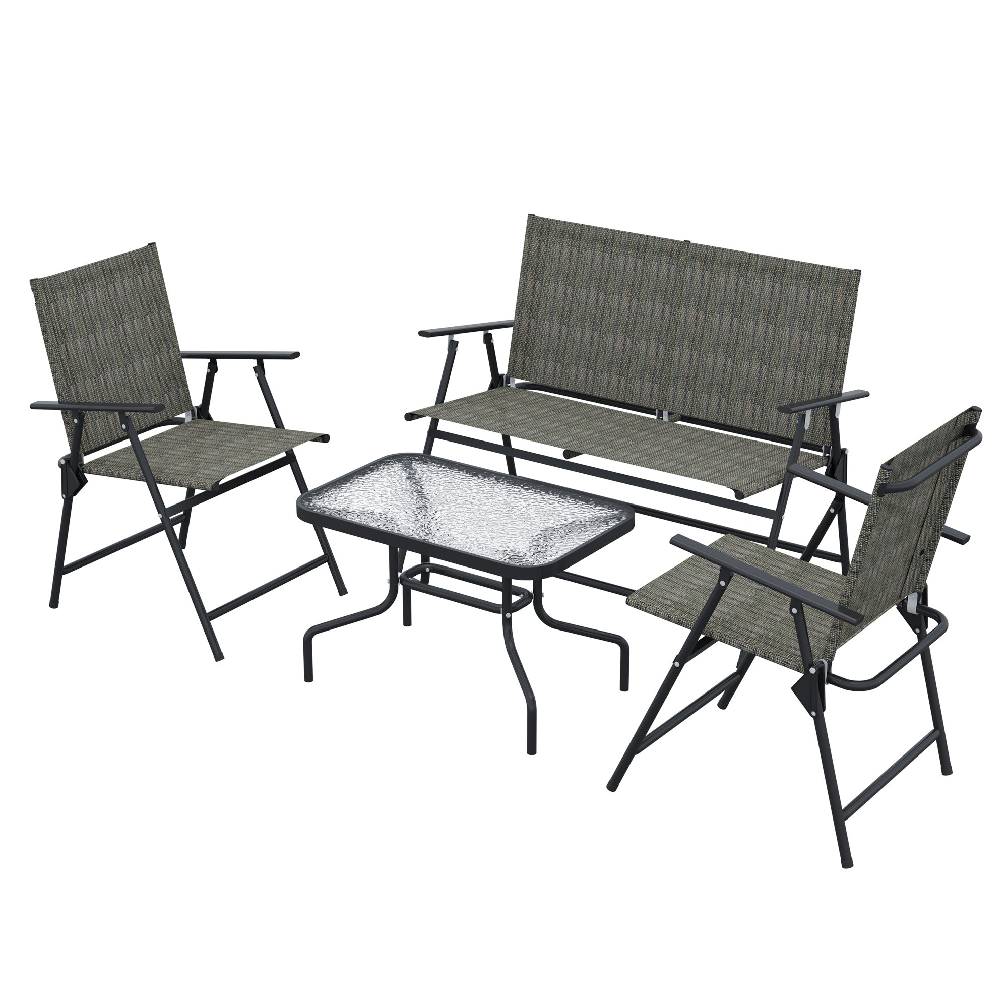 Outsunny Outdoor 4 Pieces Patio Furniture Set, Garden Set with Two Foldable Armchairs, a Loveseat & Glass Top Table, Mixed Brown