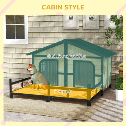 PawHut 59"x64"x39" Wood Dog House Outdoor Cabin-Style Elevated Pet Shelter with Porch Deck, Beige