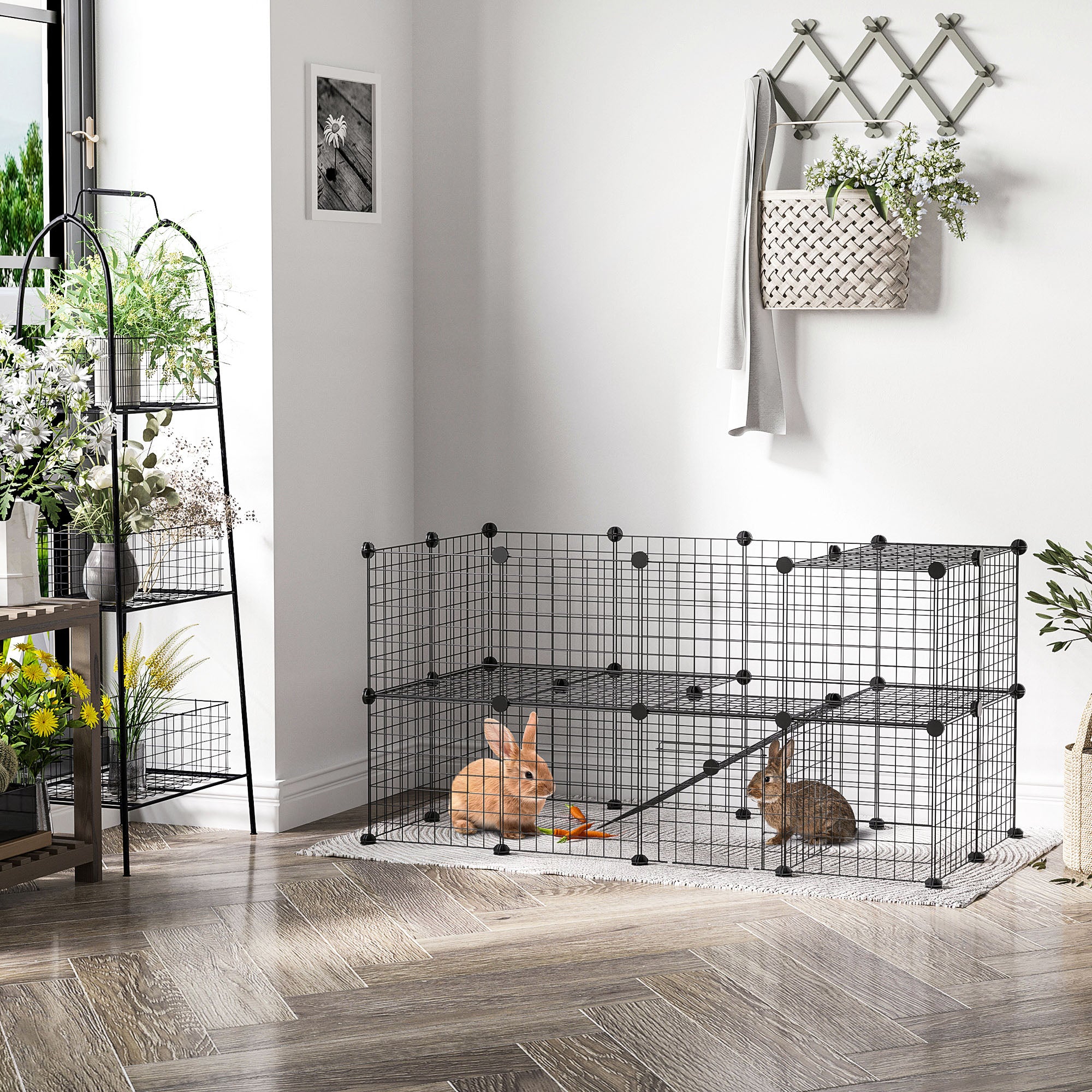 PawHut 40 Pcs Small Animal Cage Bunny Hutch Portable Metal Wire with Ramps for Kitten Chinchilla, Black
