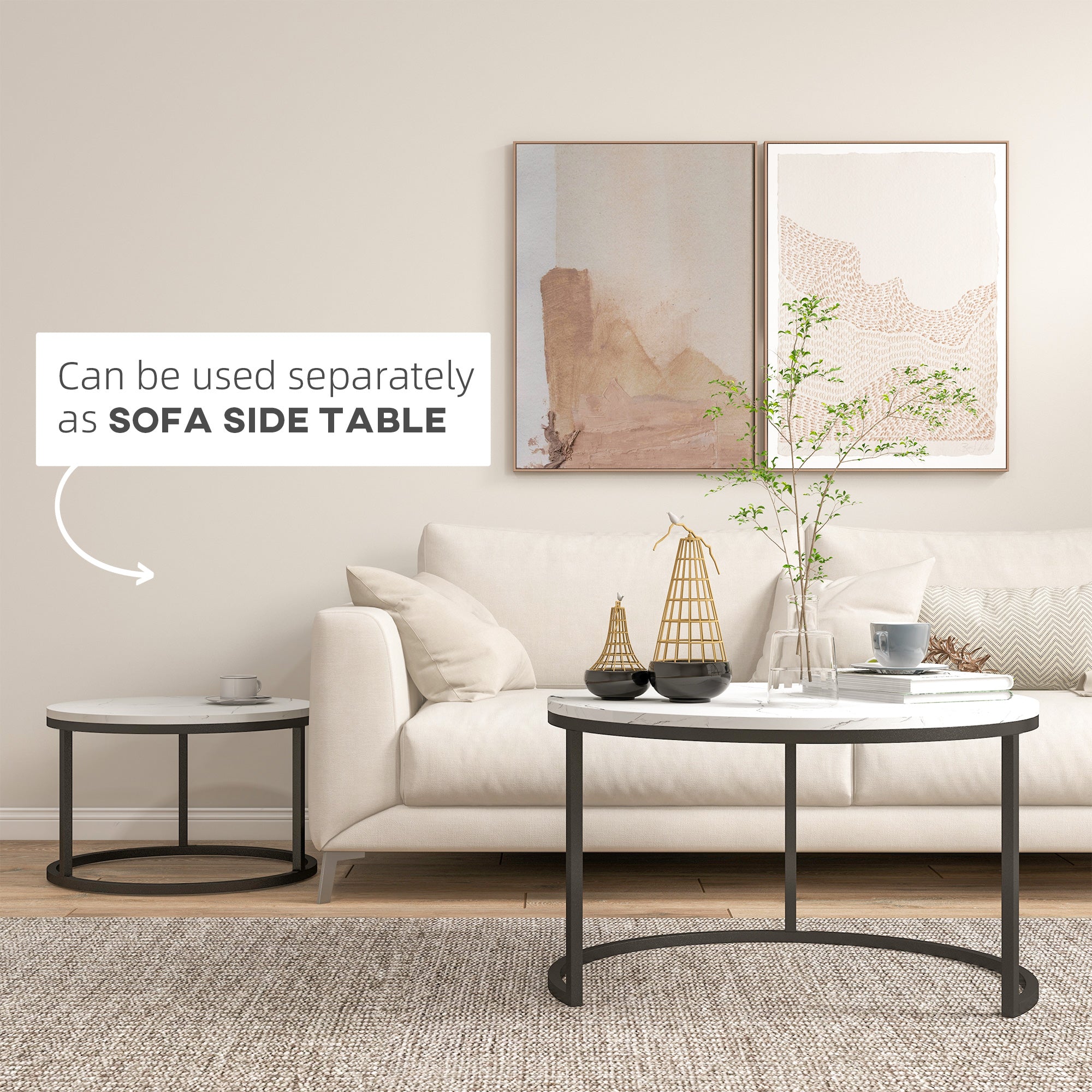 HOMCOM Modern Coffee Table Set of 2, Nesting Side Tables w/ Metal Base for Living Room Bedroom Office Faux Marbled White