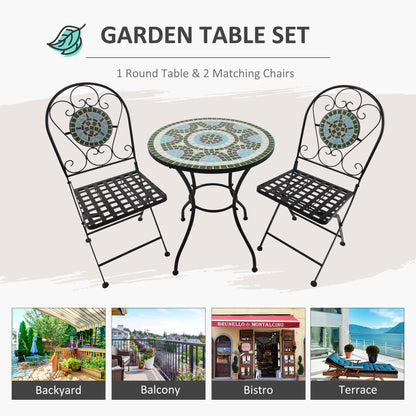 Outsunny 3 Piece Patio Bistro Set with Mosaic Design, Outdoor Dining Furniture Set for 2 with Folding Chairs, Green