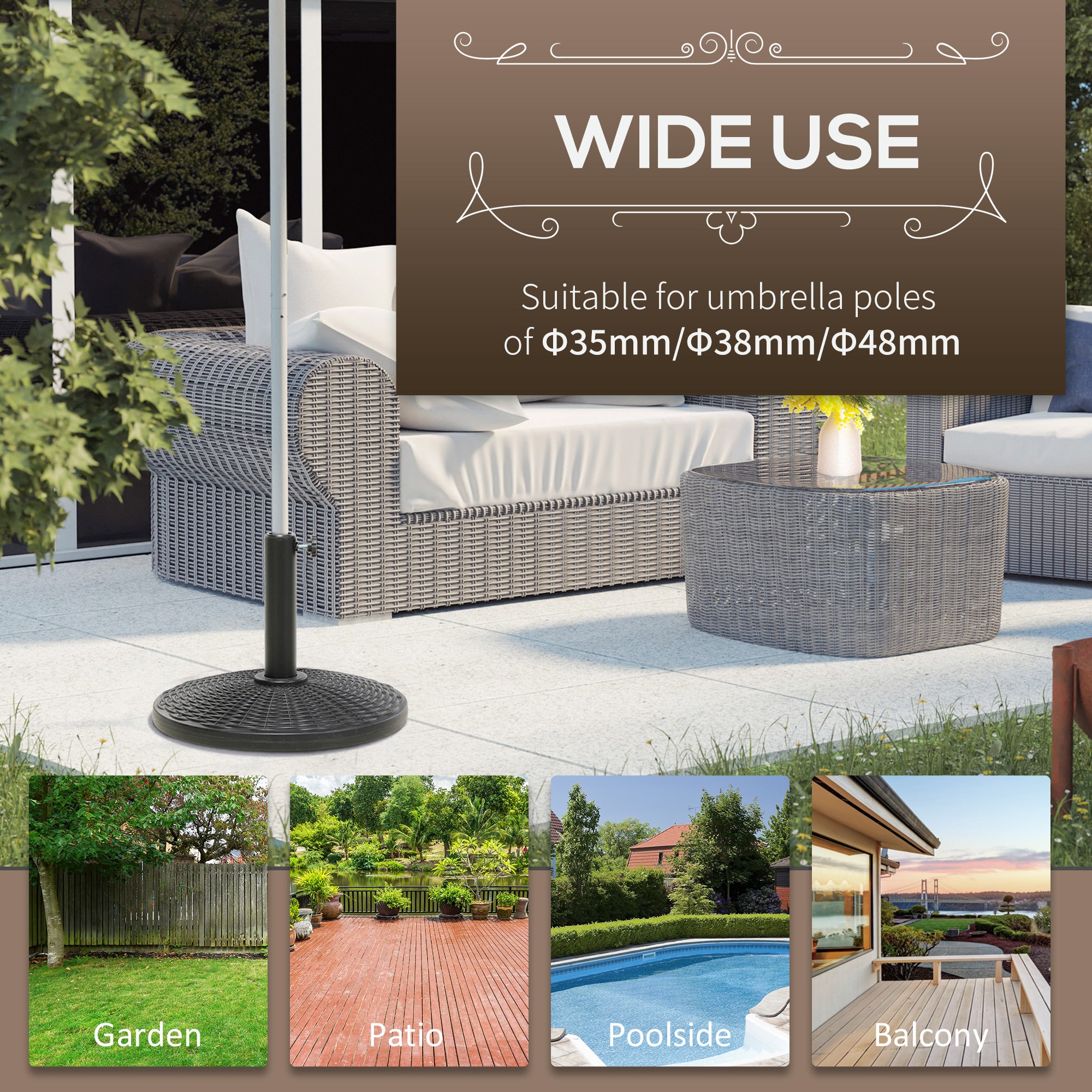 Outsunny 25 lbs Market Umbrella Base Holder 17.5" Round Parasol Stand with Rattan Design for Patio, Outdoor, Backyard, Black