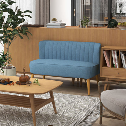 HOMCOM Modern 2 Seat Sofa for Bedroom, Upholstered Two Seater Couch with Rubber Wood Legs, Blue