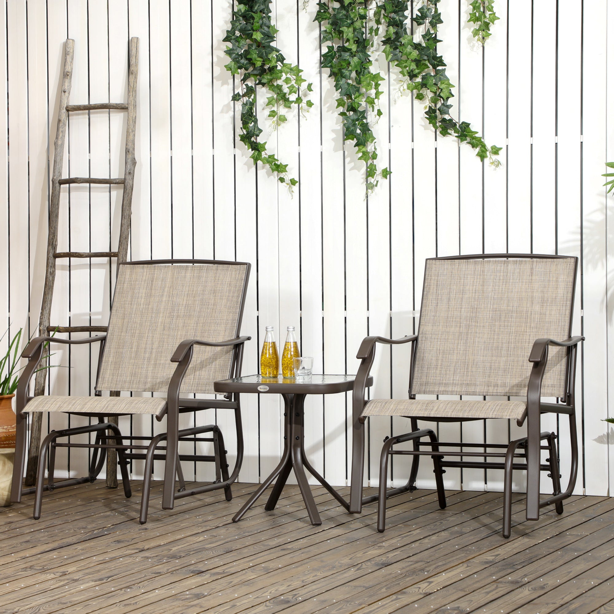 Outsunny 3 Piece Patio Glider Set Outdoor Gliders with Breathable Mesh Seat, Glass Top Table for Garden, Yard, Mixed Brown