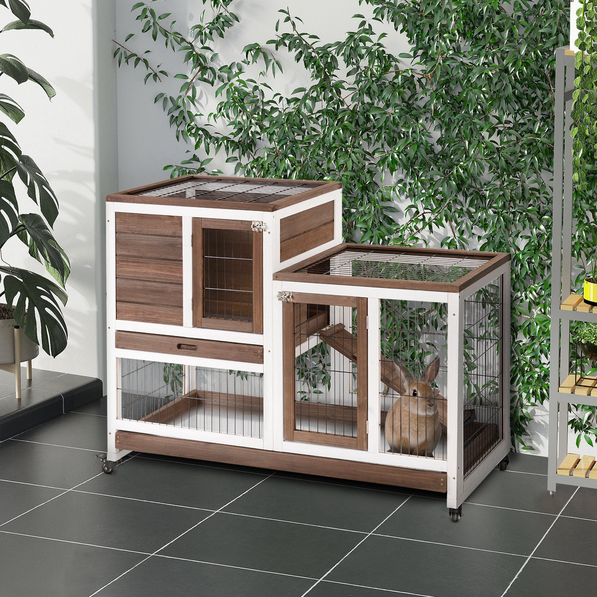 PawHut Rabbit Hutch Indoor Bunny Cage Guinea Pig House on Wheels with Run, Pull Out Trays, Brown and White